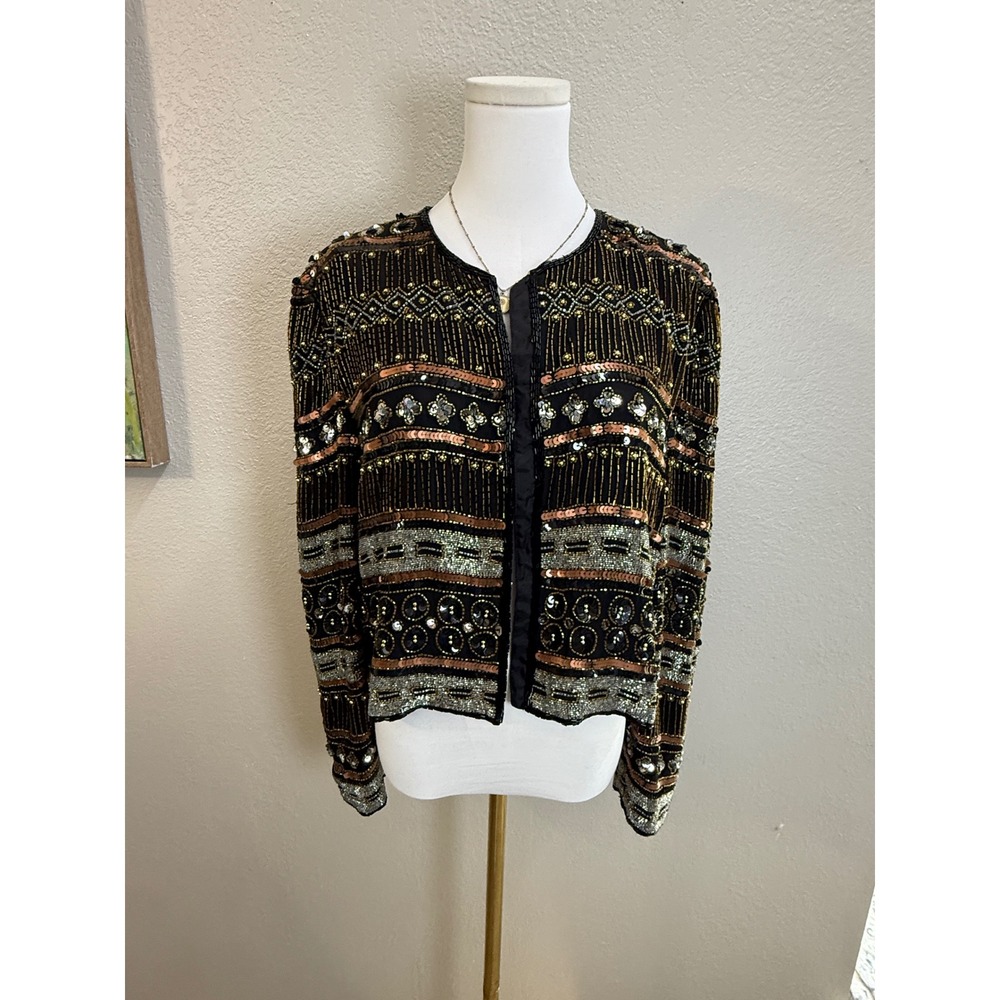 Vintage Beaded Silk Jacket Black Gold Sequin - Large‎